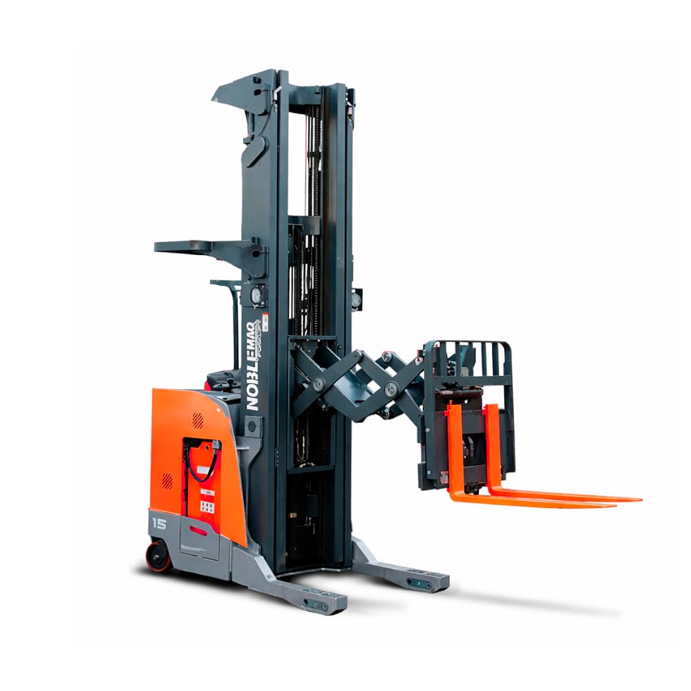 Noblemaq Montacargas 5 montacargas reach para racks produndos en almacenes con optimizacion de espacio.
